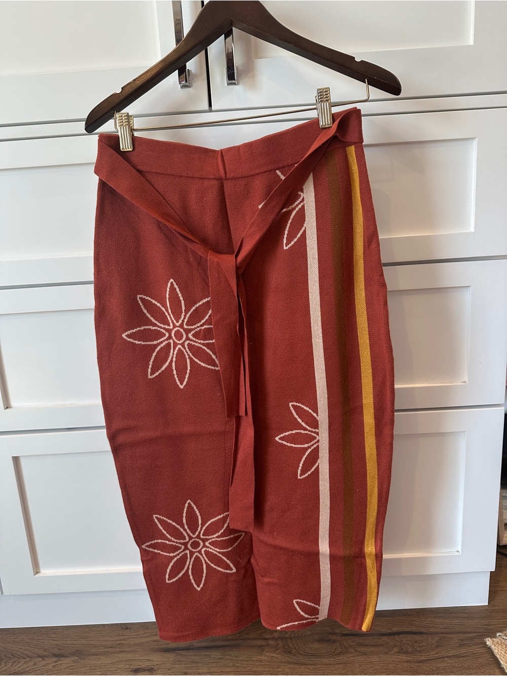 Roolee Rust Knit Skirt with White Floral Detail